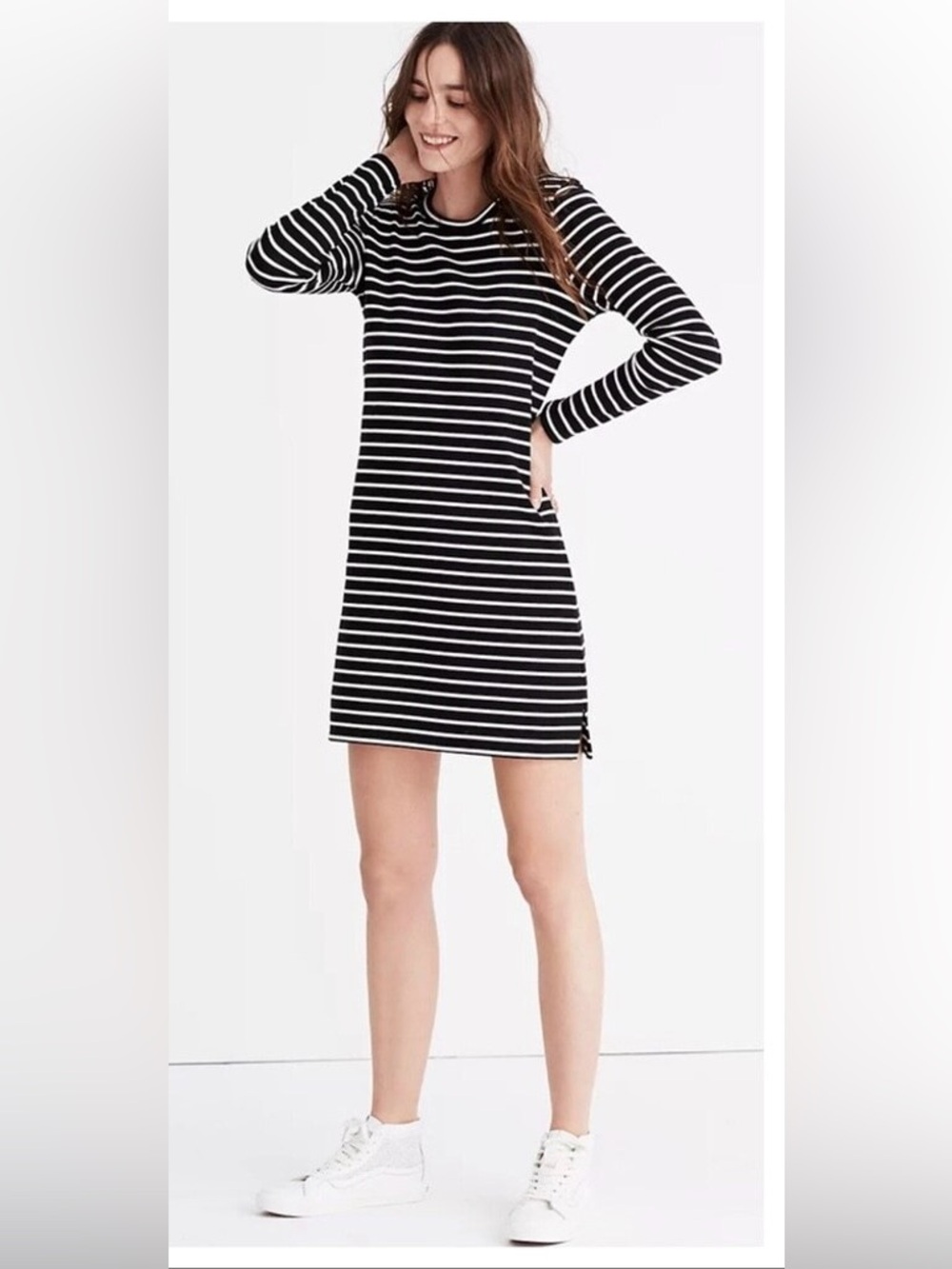 Madewell 100% Cotton Black & White Striped Long-Sleeve Shift Dress